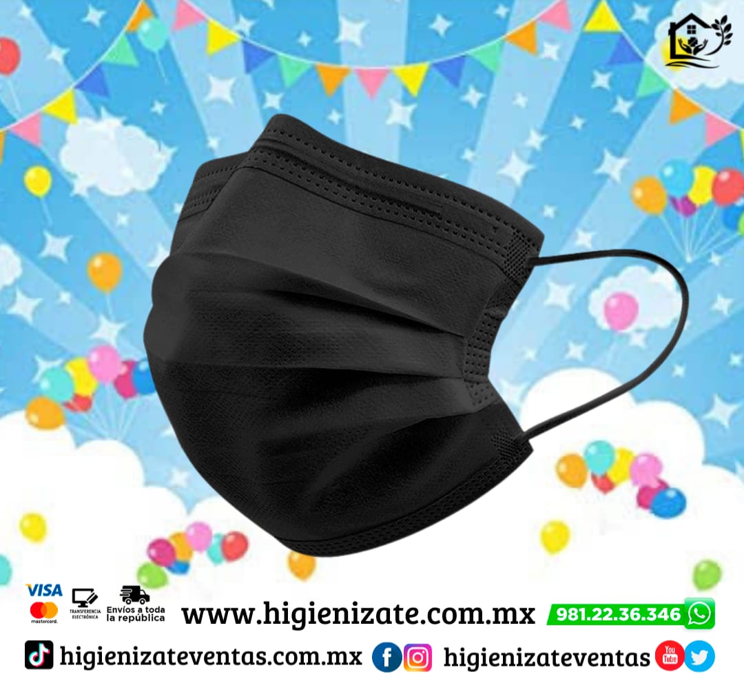 Paq 50 Cubrebocas Infantil Termosellado 3 Capas Color Negro🌈👶👧👦