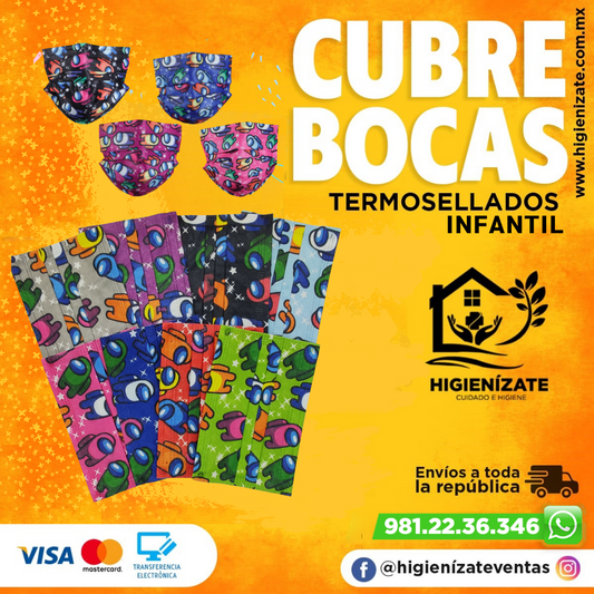 CUBREBOCAS DE TRIPE CAPA TERMOSELLADO PLISADO INFANTIL AMONG US COMBINADO - 25 pzas.