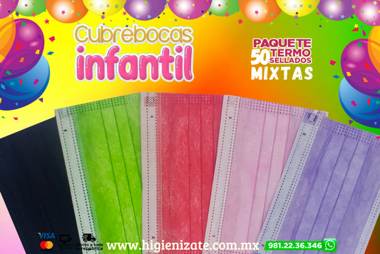 Paq 50 Cubrebocas Infantil Termosellado 3 Capas Multicolor.  🌈👶👧 👦(ME-1)