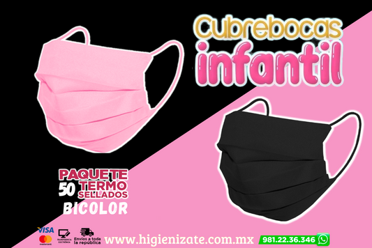 Paq 50 Cubrebocas Infantil Termosellado 3 Capas Bicolor. (NEGRO Y ROSA) 🌈👶👧👦