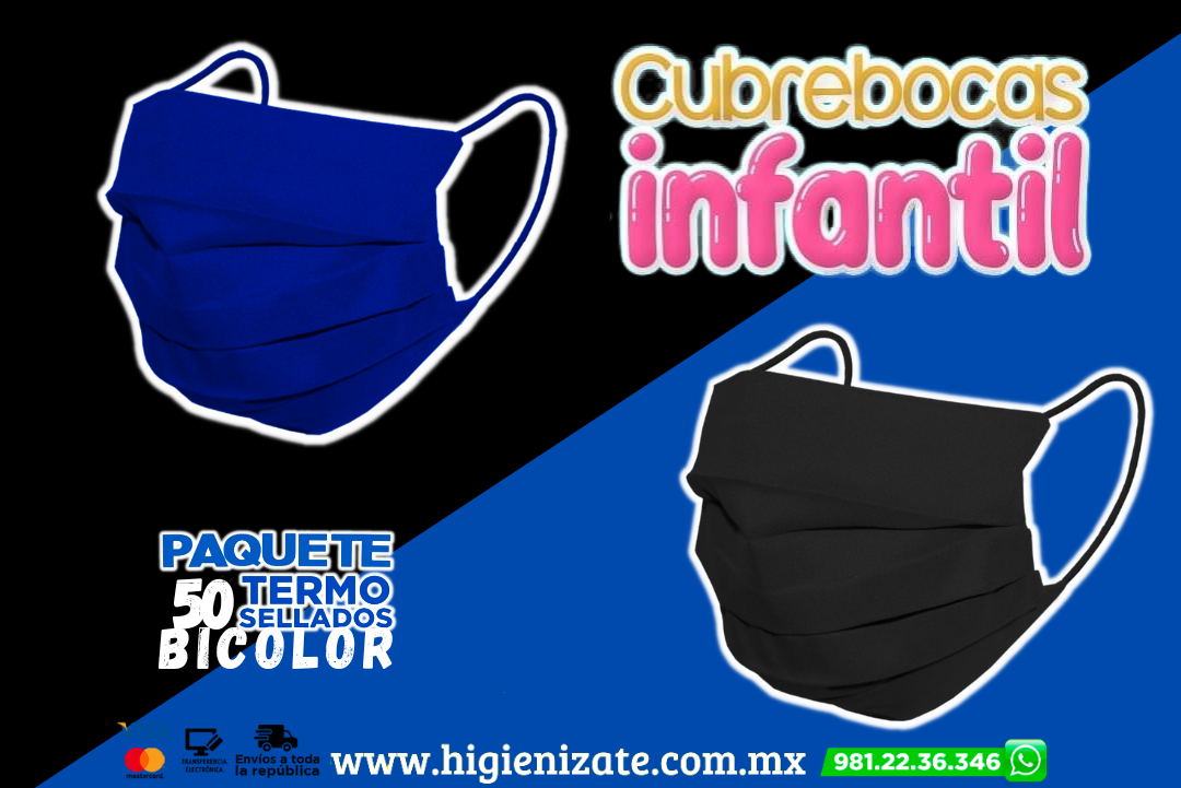 Paq 50 Cubrebocas Infantil Termosellado 3 Capas Bicolor. (AZUL Y NEGRO) 🌈👶👧👦