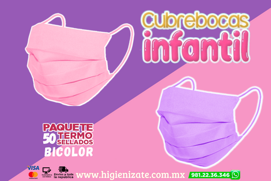 Paq 50 Cubrebocas Infantil Termosellado 3 Capas Bicolor. (ROSA Y LILA) 🌈👶👧👦