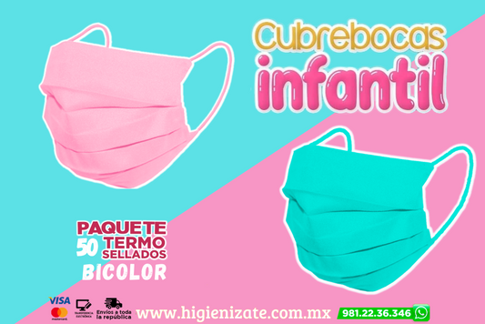 Paq 50 Cubrebocas Infantil Termosellado 3 Capas Bicolor. (ROSA Y AQUAMARINA) 🌈👶👧👦