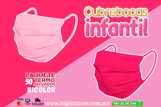 Paq 50 Cubrebocas Infantil Termosellado 3 Capas Bicolor. (ROSA Y FUSHA) 🌈👶👧👦
